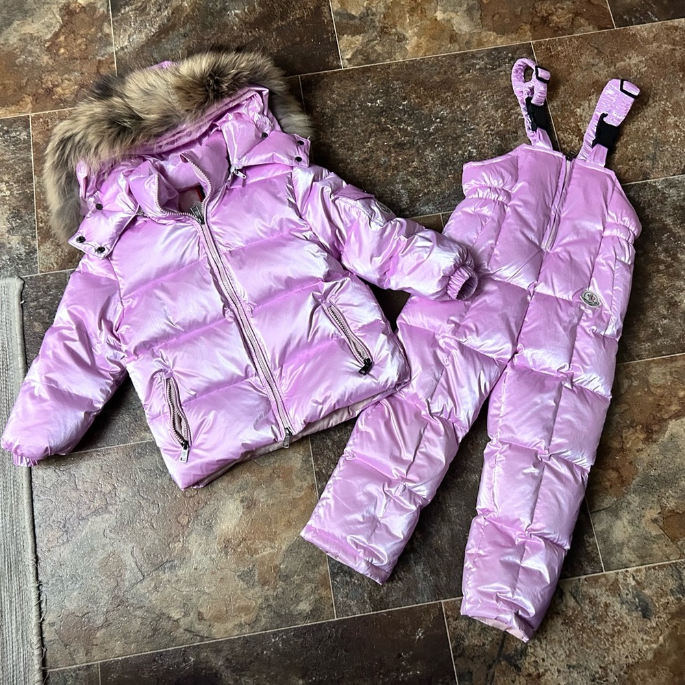 Moncler Pink Kids Puffer Jacket and Overalls Set